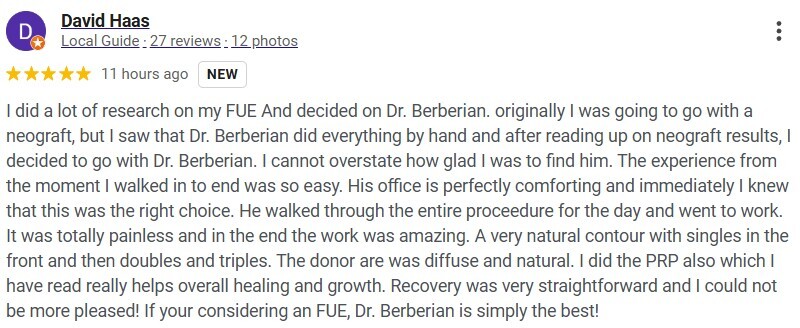 Dr. Rob Berberian VIP FUE Hair Transplant Los Angeles & Newport Beach Reviews